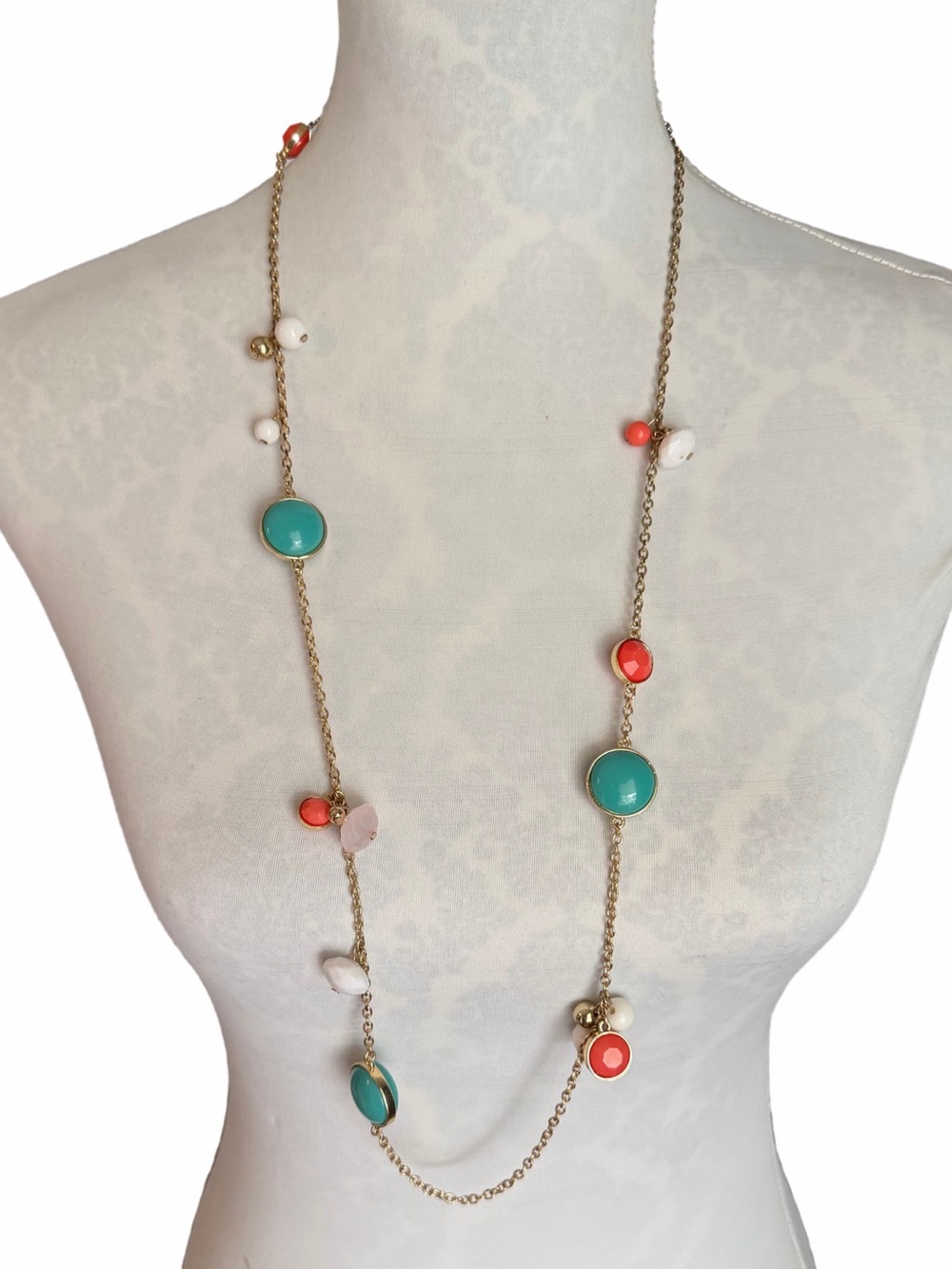 Charming Charlie Gold Tone Beaded Station Necklace | Turquoise & Coral Chain